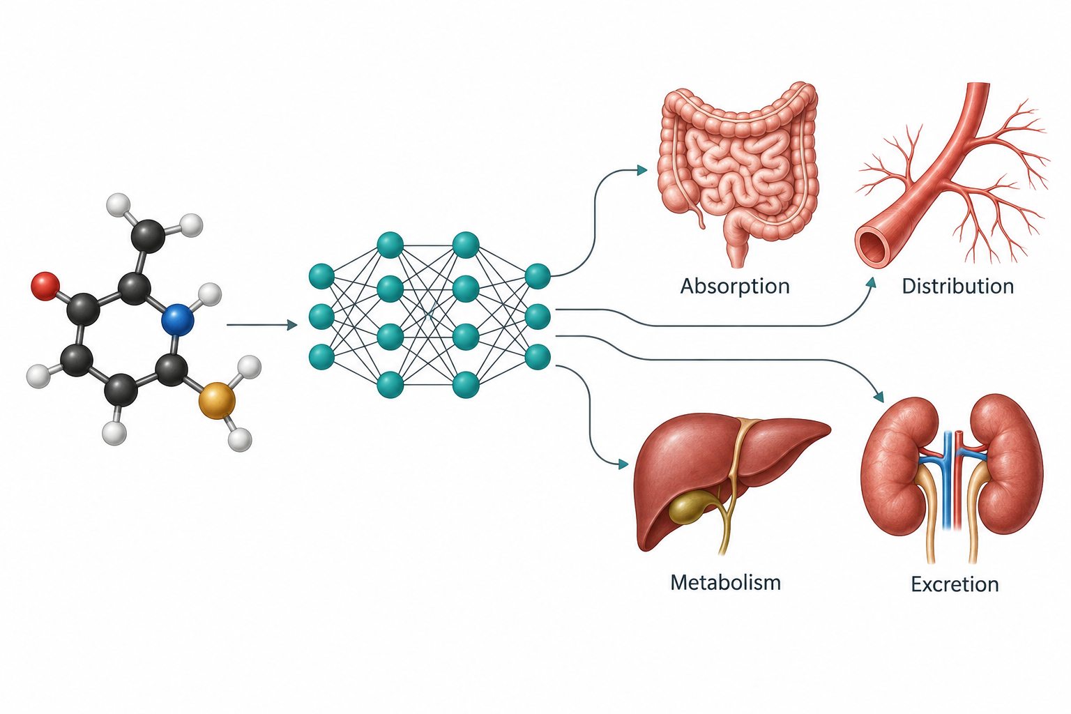 Conceptual illustration of molecular inputs and a neural network predicting absorption, distribution, metabolism, and excretion.